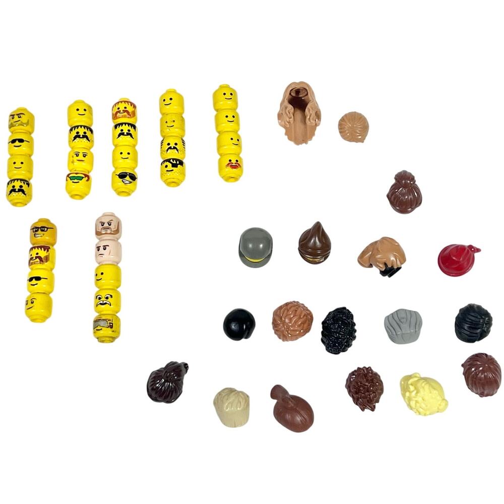 LEGO Bulk Lot Of 50 Pcs Minifigure Heads Hair Accessories Black Brown Blonde